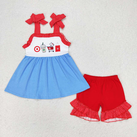 GSSO1205 Coffee Shopping Cart Tunic Top Ruffle Shorts Girls Summer Clothes Set