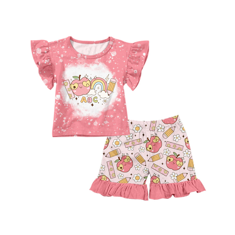 (Pre-order)GSSO1209 Flowers Apple Rule Top Ruffle Shorts Girls Back to School Clothes Set