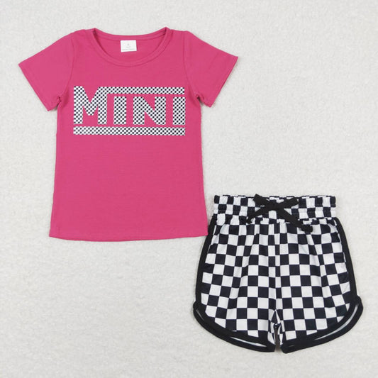 GSSO1215  Hot Pink MINI Vinyl Top Black Plaid Shorts Girls Summer Clothes Set