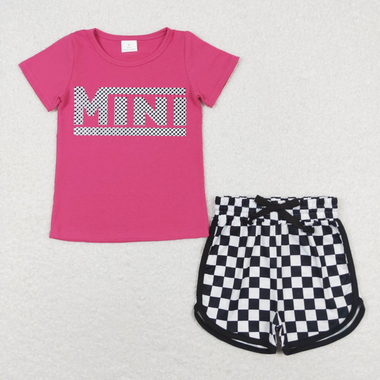 MAMA & MINI Vinyl Hot Pink Top Black Plaid Shorts Mom and Me Matching Summer Clothes Set