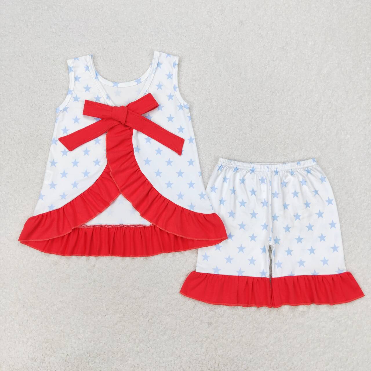 GSSO1217 Stars Backless Top Ruffle Shorts Girls 4th of July Clothes Set