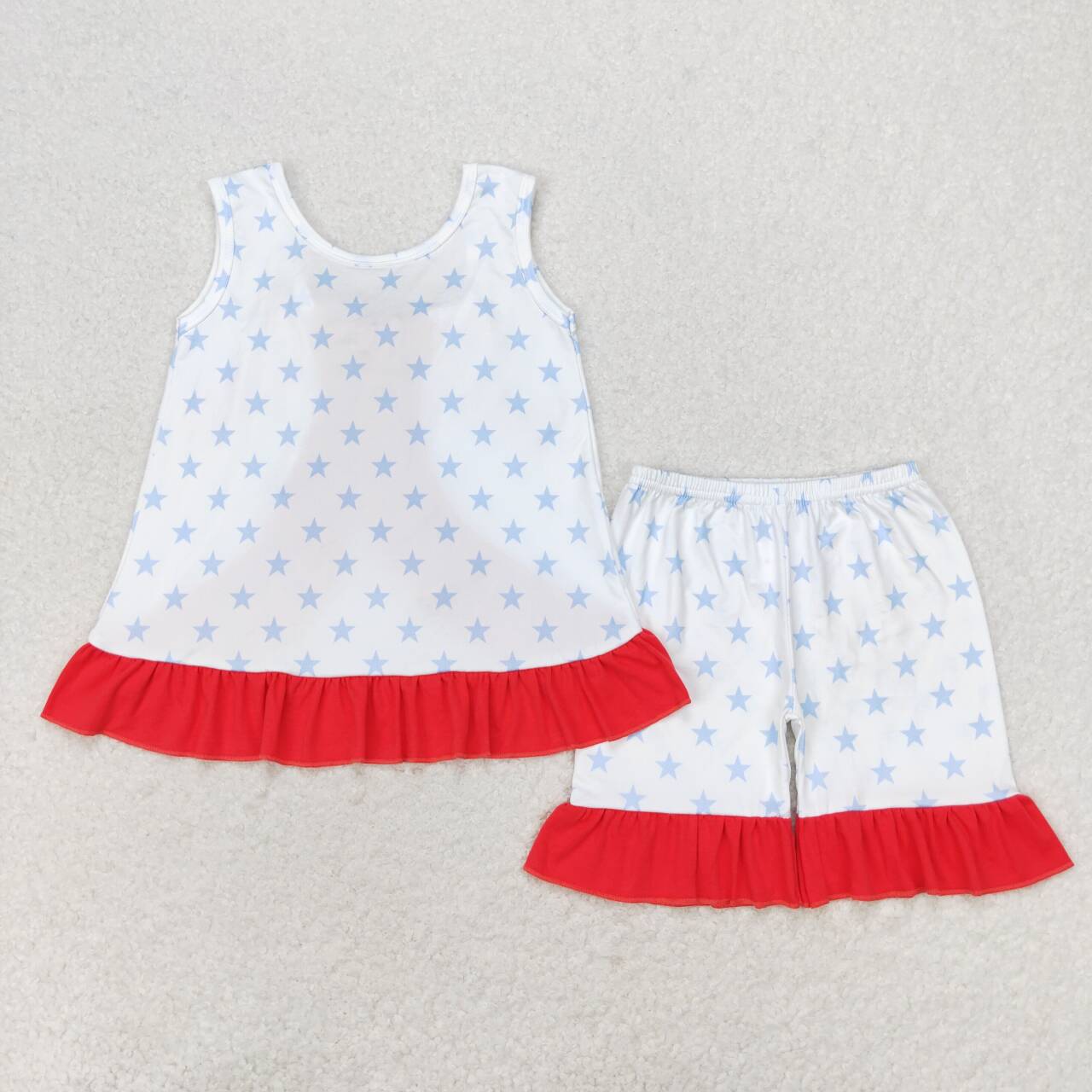 GSSO1217 Stars Backless Top Ruffle Shorts Girls 4th of July Clothes Set