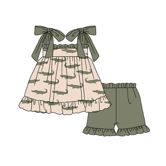 (Pre-order)GSSO1221  Crocodile Tunic Top Green Shorts Girls Summer Clothes Set