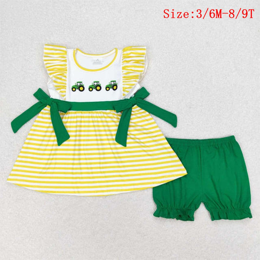 GSSO1223  Tractors Yellow Stripes Top Green Shorts Girls Summer Clothes Set