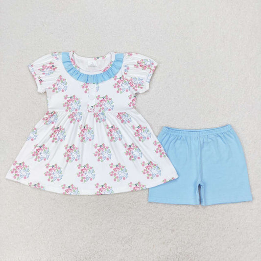 GSSO1225  Flowers Dove Top Blue Shorts Girls Summer Clothes Set
