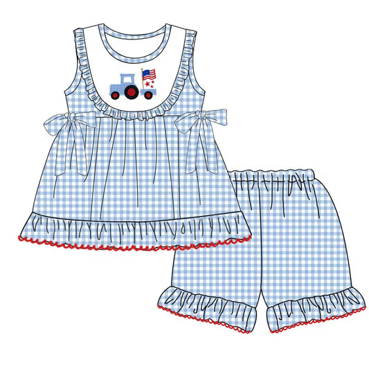 (Pre-order)GSSO1237  Truck Flag Tunic Top Blue Plaid Shorts Girls 4th of July Clothes Set