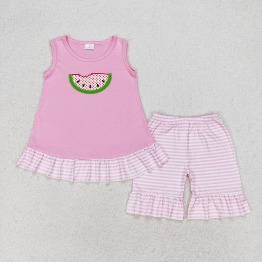 GSSO1239 Watermelon Embroidery Top Pink Stripes Shorts Girls Summer Clothes Set