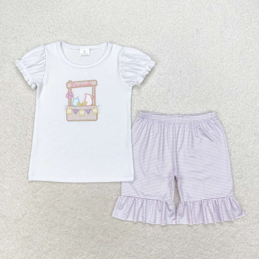 GSSO1240 Fruit Juice Embroidery Top Stripes Shorts Girls Summer Clothes Set