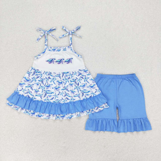 GSSO1241  Sea Turtle Embroidery Tunic Top Blue Shorts Girls Summer Clothes Set