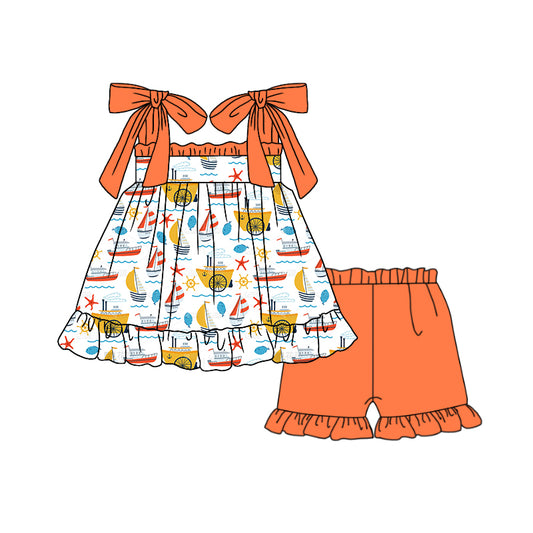 (Pre-order)GSSO1243  Sailboat Top Orange Shorts Girls Summer Clothes Set