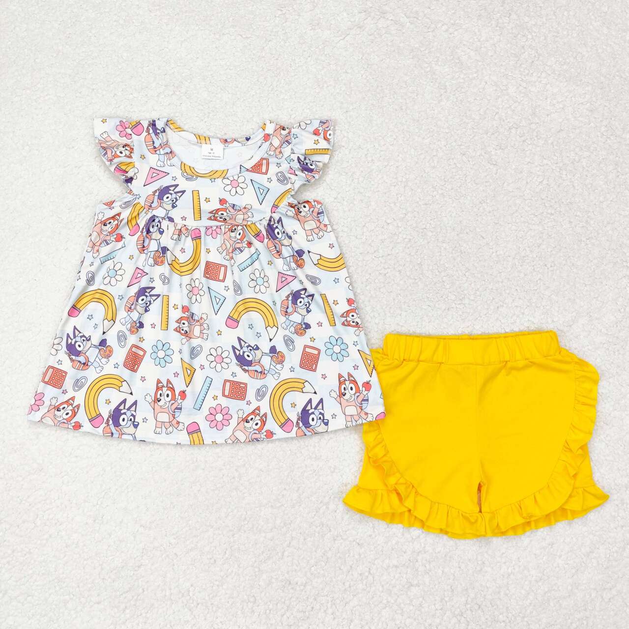 GSSO1246  Cartoon Dog Flowers Rule Pen Top Yellow Shorts Girls Back to School Clothes Set