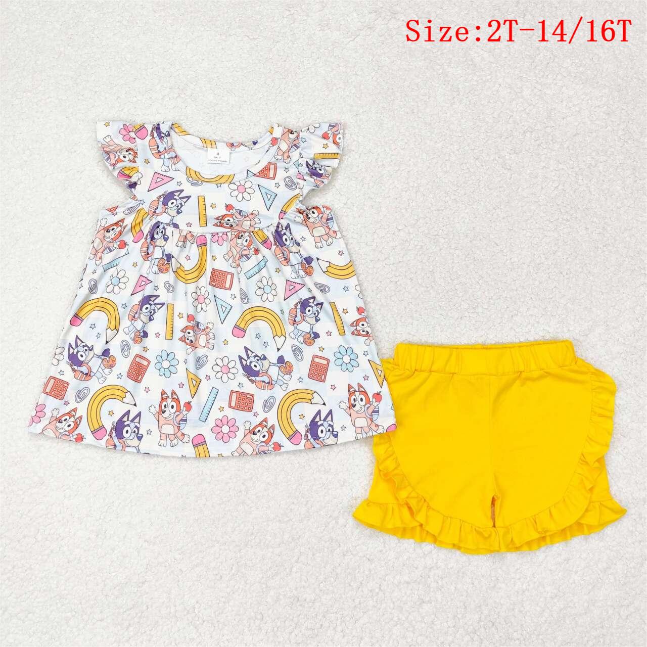 GSSO1246  Cartoon Dog Flowers Rule Pen Top Yellow Shorts Girls Back to School Clothes Set