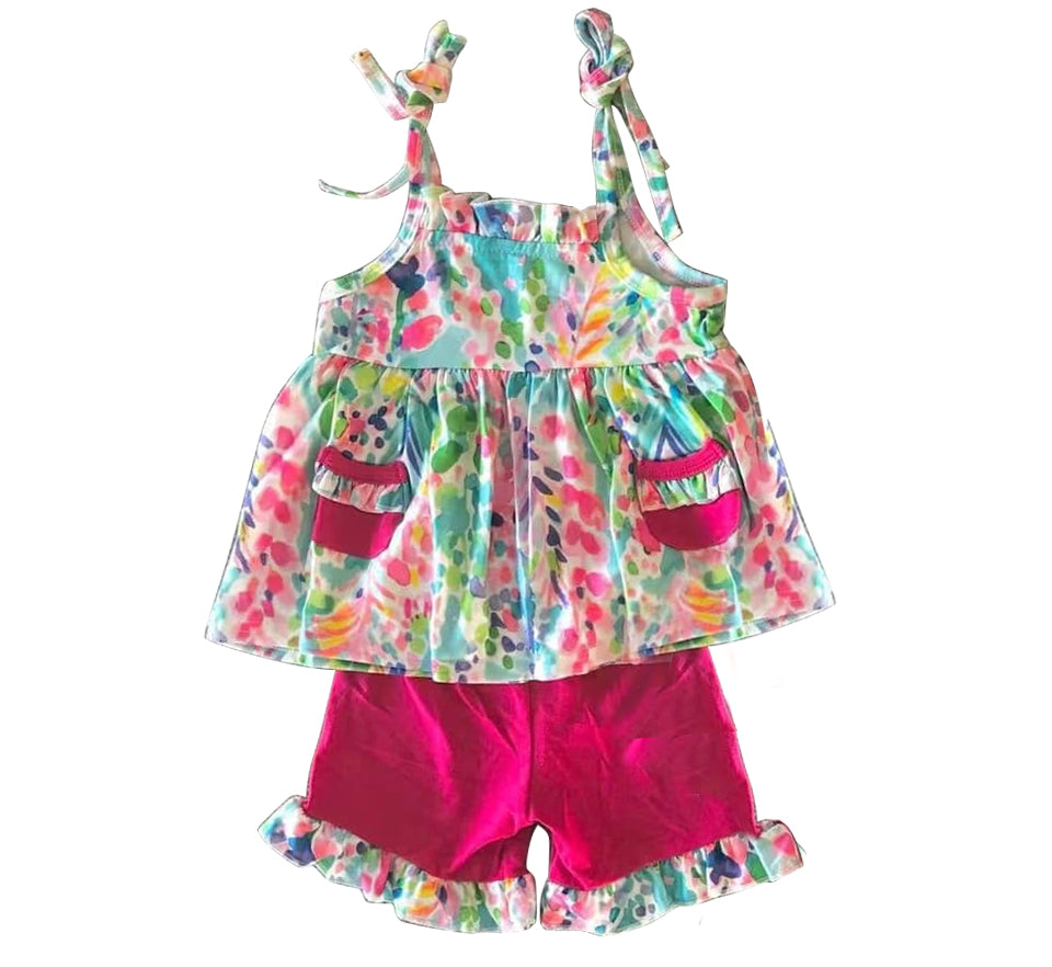 (Pre-order)GSSO1247 Colorful Flowers Top Ruffle Shorts Girls Summer Clothes Set