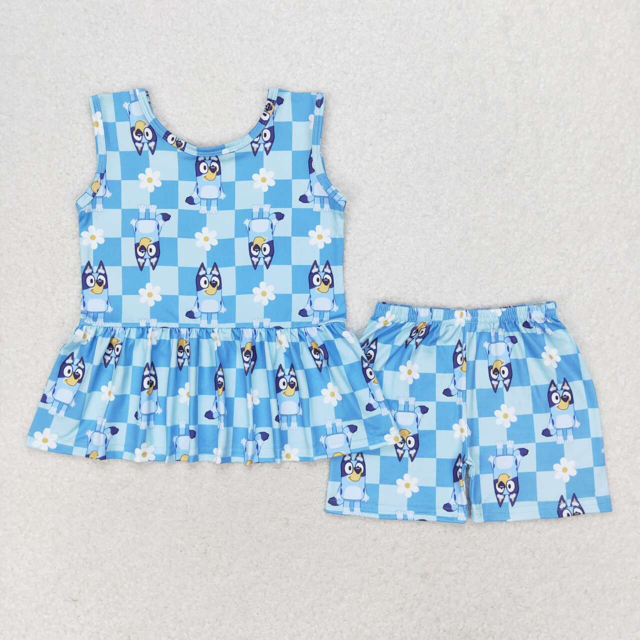 GSSO1248 Blue Cartoon Dog Print Skirts With Shorts Girls Summer Clothes Set