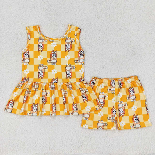 GSSO1249 Orange Cartoon Dog Print Girls Summer Clothes Set