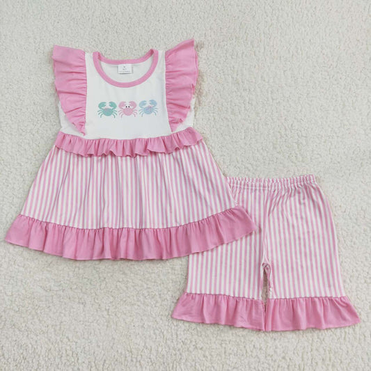GSSO1258 Crab Stripes Tunic Top Ruffle Shorts Girls Summer Clothes Set