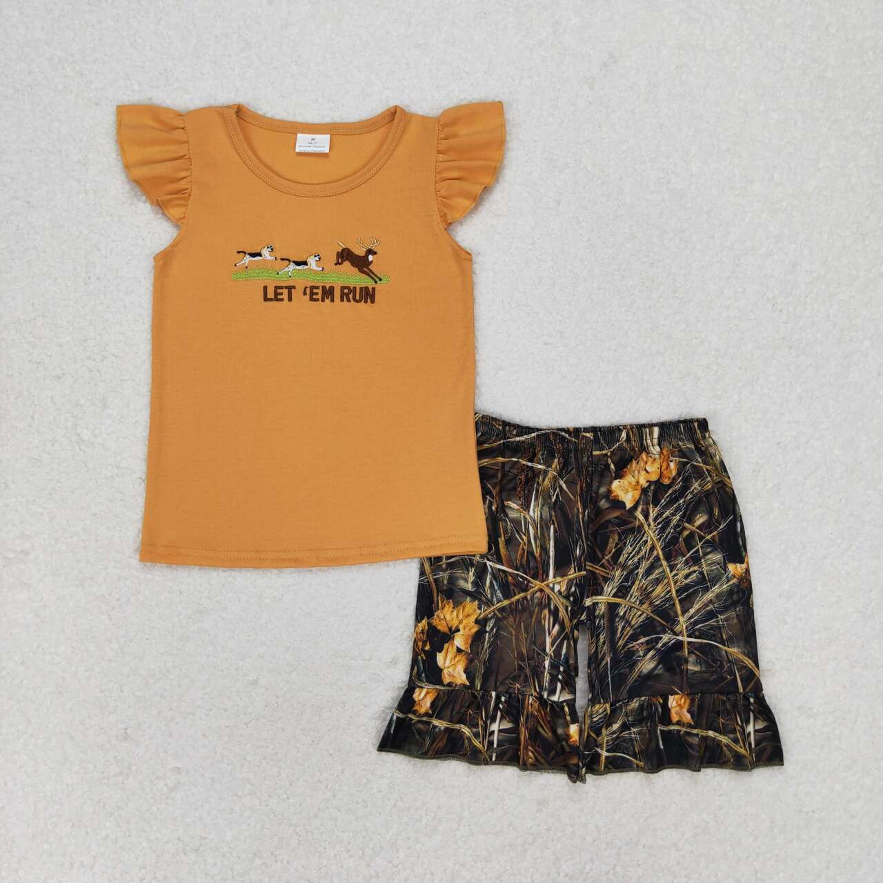 GSSO1263 Let Em Run Dog Deer Embroidery Top Branch Shorts Girls Summer Hunting Clothes Set