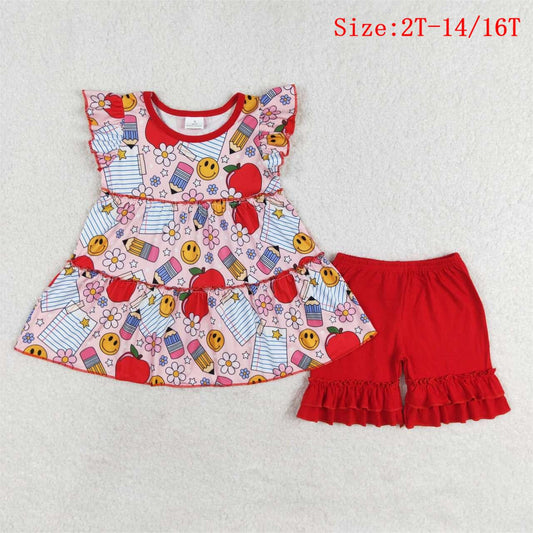 GSSO1268  Apple Pen Flowers Tunic Top Red Shorts Girls Back to School Clothes Set