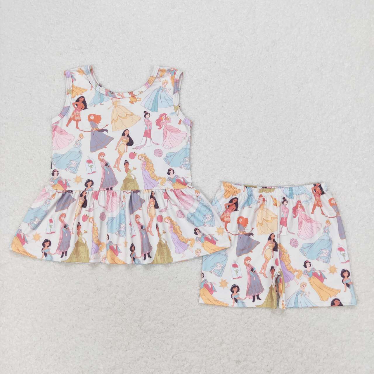 GSSO1277 Cartoon Princess Print Girls Summer Clothes Set