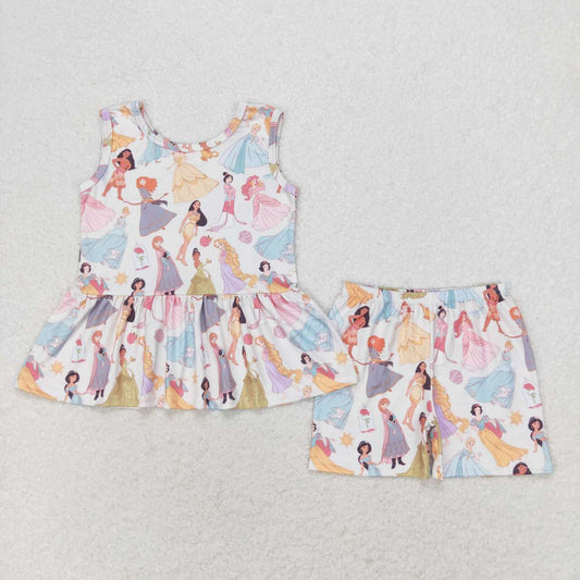 GSSO1277 Cartoon Princess Print Girls Summer Clothes Set