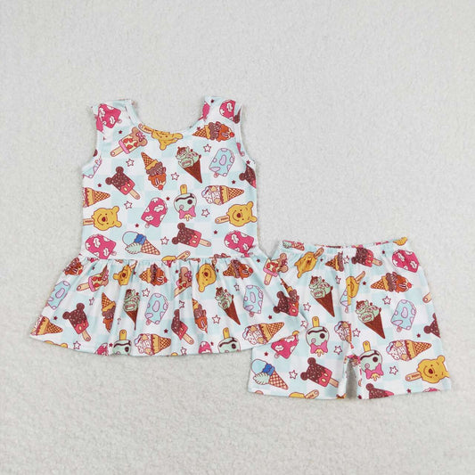 GSSO1278 Cartoon Bear Popsicle Print Girls Summer Clothes Set