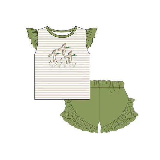 (Pre-order)GSSO1285 Duck Top Green Shorts Girls Summer Clothes Set