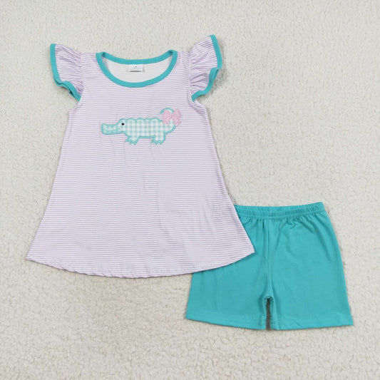 GSSO1286 Crocodile Embroidery Top Green Shorts Girls Summer Clothes Set