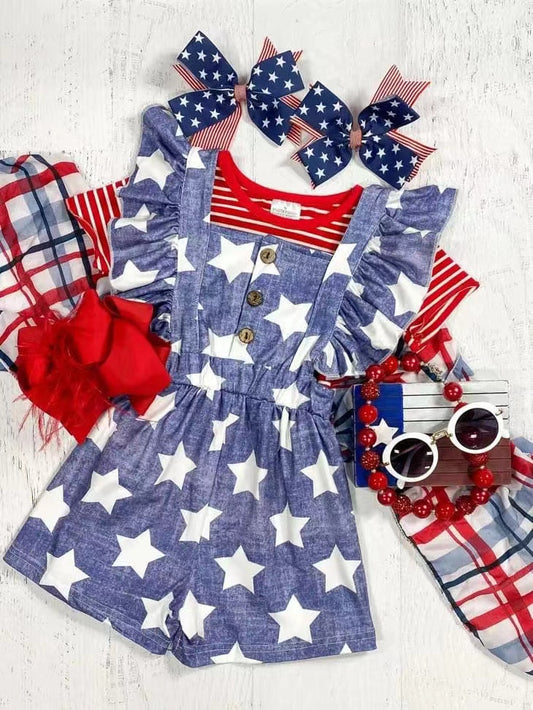 (Pre-order)GSSO1289 Red Stripes Top Stars Print Jumpsuits Girls 4th of July Clothes Set