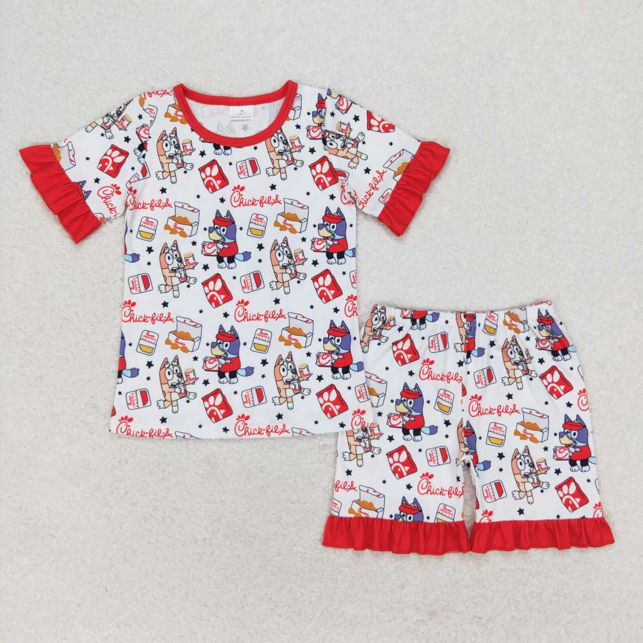 GSSO1292 Cartoon Dog Fried Chicken Print Girls Summer Pajamas Clothes Set