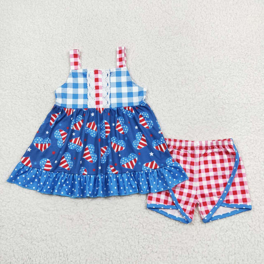 GSSO1294 Heart Stars Flag Tunic Top Plaid Shorts Girls 4th of July Clothes Set