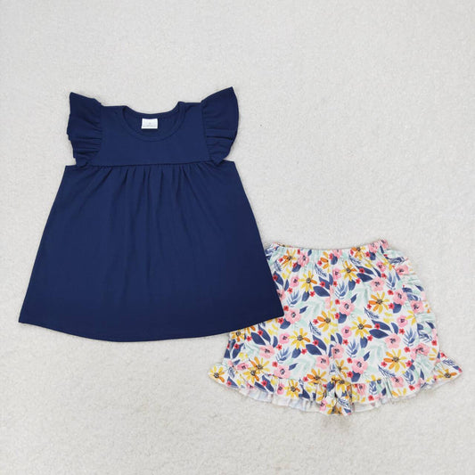 GSSO1296 Navy Tunic Top Flowers Shorts Girls Summer Clothes Set