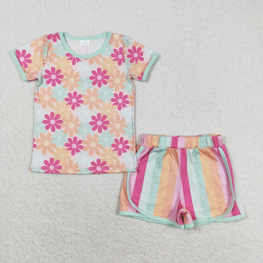 GSSO1297 Colorful Flowers Top Stripes Shorts Girls Summer Clothes Set