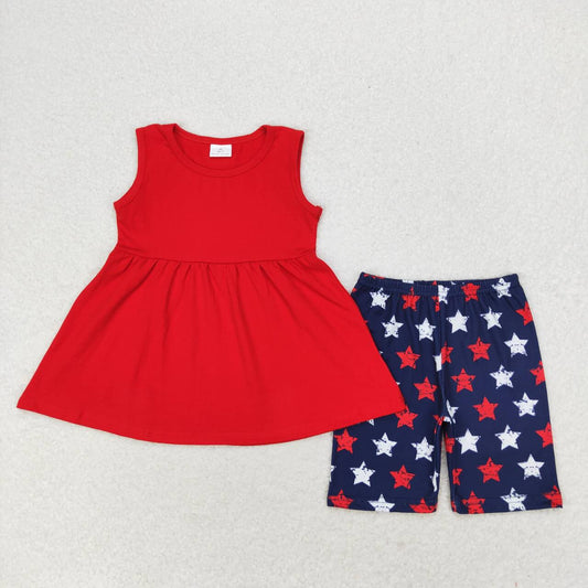 GSSO1302 Red Tunic Top Stars Shorts Girls 4th of July Clothes Set