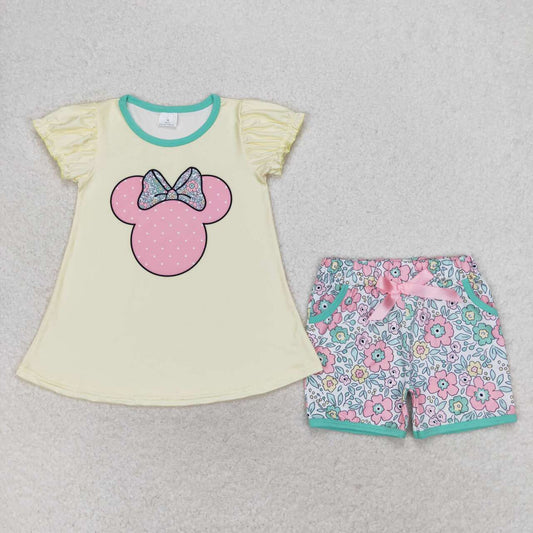GSSO1308 Cartoon Mouse Yellow Top Flowers Shorts Girls Summer Clothes Set