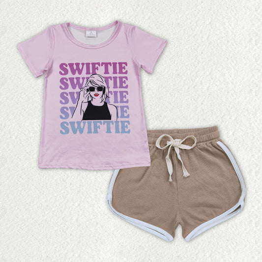 GSSO1312 Pink Swiftie Singer Top Khaki Shorts Girls Summer Clothes Set