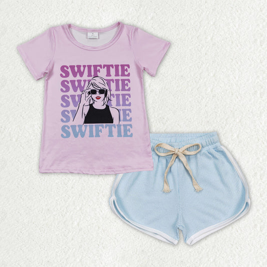 GSSO1315 Pink Swiftie Singer Top Blue Shorts Girls Summer Clothes Set