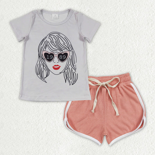 GSSO1325 Grey Singer Swiftie Top Pink Shorts Girls Summer Clothes Set