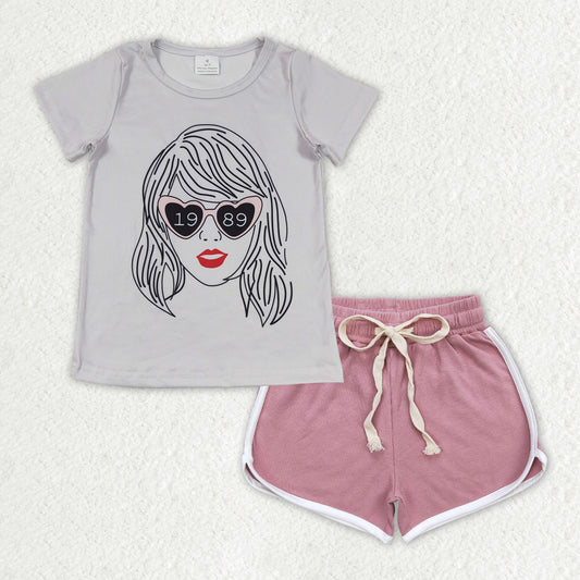 GSSO1328 Grey Singer Swiftie Top Pink Shorts Girls Summer Clothes Set