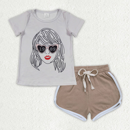 GSSO1329 Grey Singer Swiftie Top Khaki Shorts Girls Summer Clothes Set