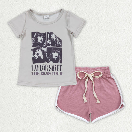 GSSO1334 The ERAS Tour Singer Swiftie Top Pink Shorts Girls Summer Clothes Set