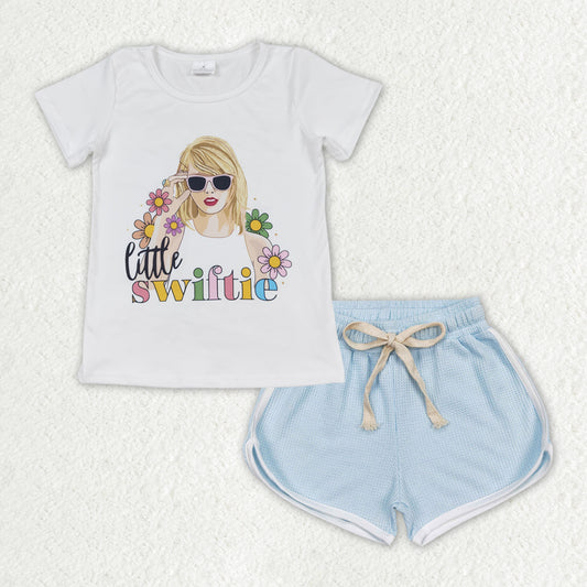 GSSO1338 Flowers Singer Swiftie Top Blue Shorts Girls Summer Clothes Set