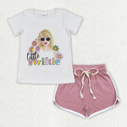 GSSO1340 Flowers Singer Swiftie Top Pink Shorts Girls Summer Clothes Set