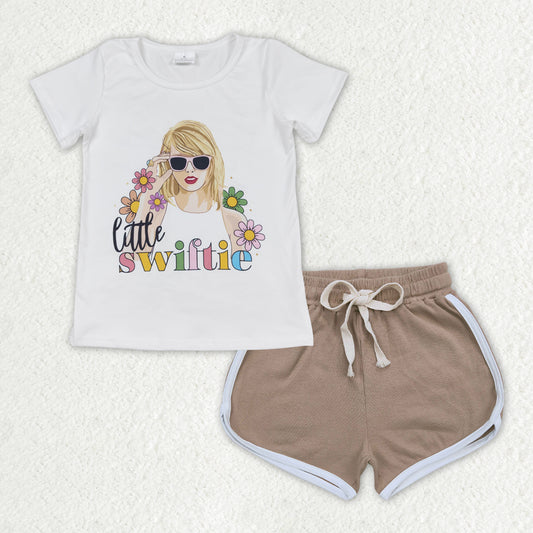 GSSO1341 Flowers Singer Swiftie Top Khaki Shorts Girls Summer Clothes Set
