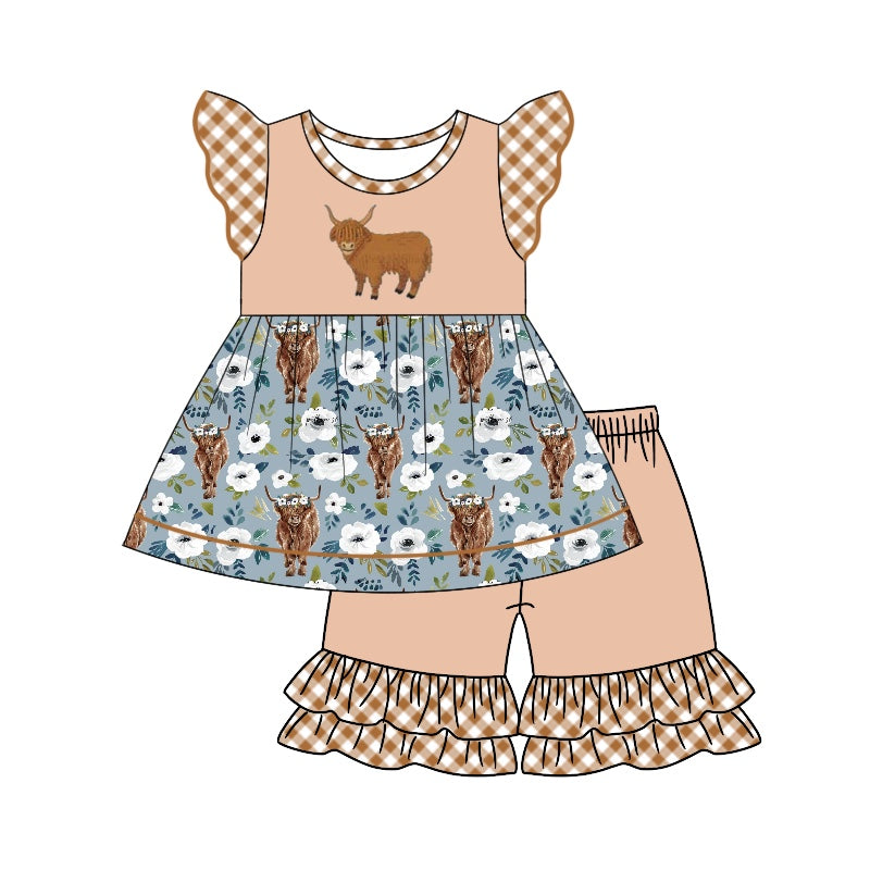 (Pre-order)GSSO1344 Highland Cow Flowers Tunic Top Ruffles Shorts Girls Summer Clothes Set
