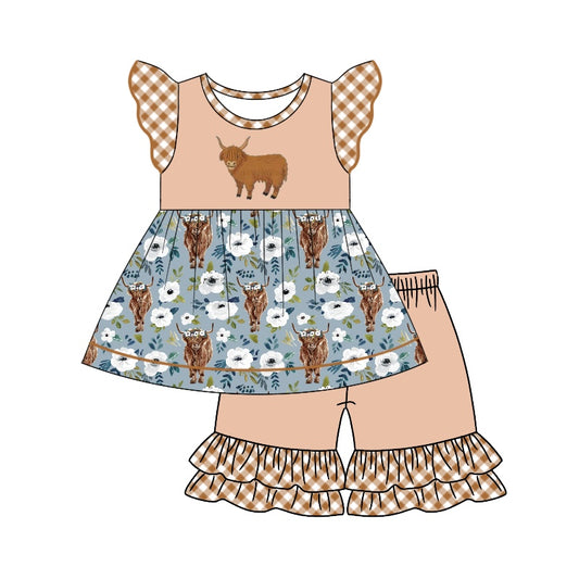 (Pre-order)GSSO1344 Highland Cow Flowers Tunic Top Ruffles Shorts Girls Summer Clothes Set