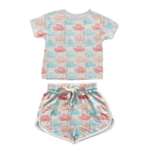 (Pre-order)GSSO1347 Colorful Hats Print Girls Summer Western Clothes Set