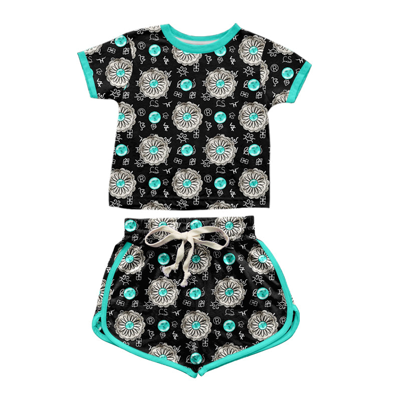 (Pre-order)GSSO1350 Turquoise Print Girls Summer Western Clothes Set