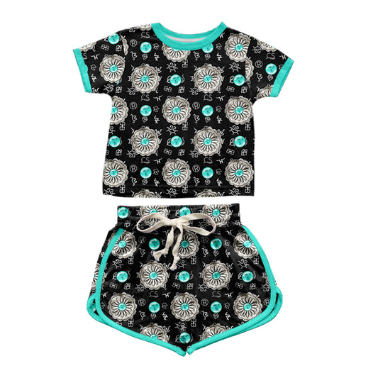 (Pre-order)GSSO1350 Turquoise Print Girls Summer Western Clothes Set