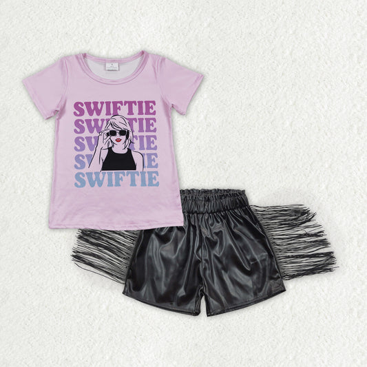 GSSO1353 Singer Swiftie Top Black Tassels Shorts Girls Summer Outfits