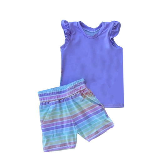 (Pre-order)GSSO1354 Purple Top Stripes Shorts Girls Summer Clothes Set